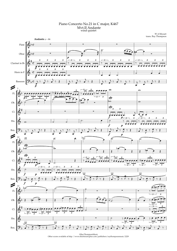 Mozart: Piano Concerto No.21 in C “Elvira Madigan” K467 Mvt.II Andante - wind quintet (arr. Ray Thompson)