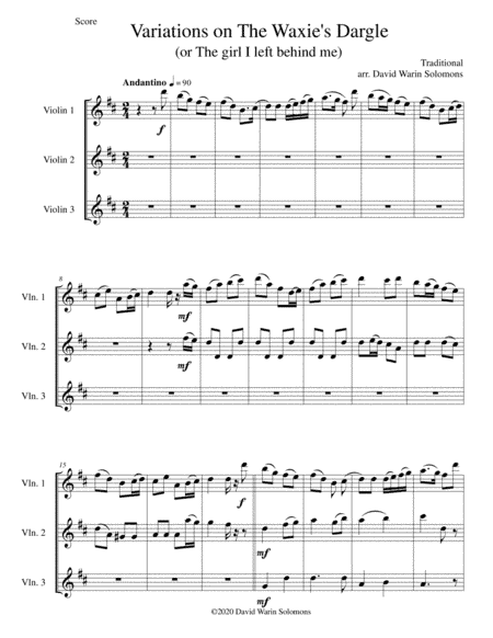 Variations on The Waxie's Dargle (or The girl I left behind me) for violin trio (arr. David Warin Solomons)