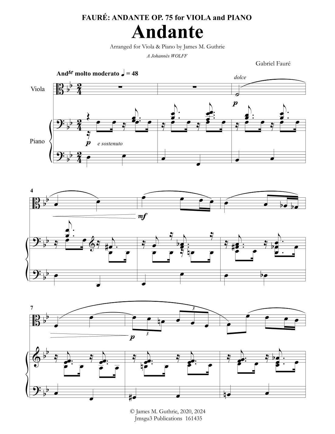 Fauré: Andante Op. 75 for Viola & Piano (arr. James Guthrie, ASCAP)