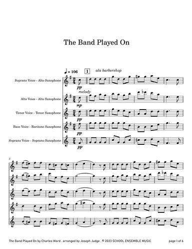 The Band Played On by Ward for Saxophone Quartet in Schools (arr. Joseph Judge)