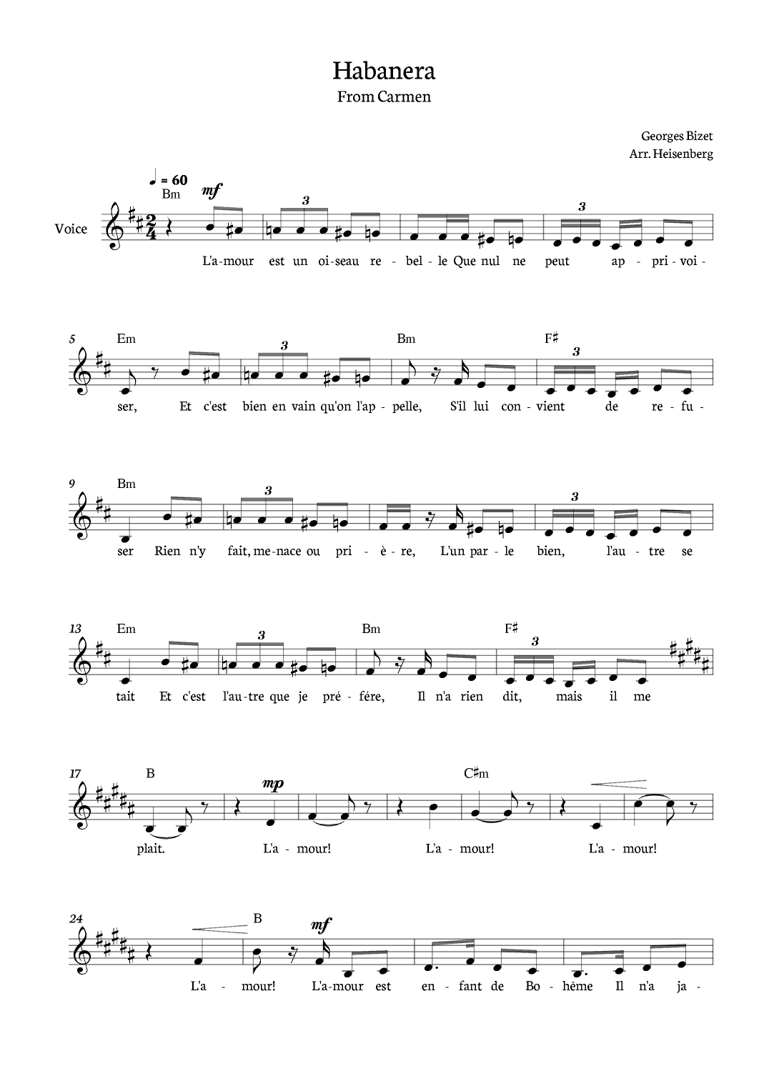 Habanera Carmen for voice in B minor with chords (arr. Heisenberg)