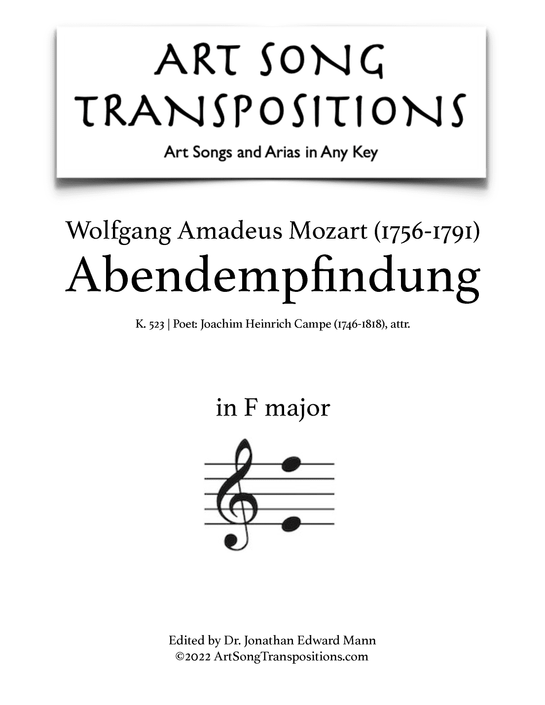 MOZART: Abendempfindung, K. 523 (transposed to F major) (arr. ArtSongTranspositions.com)