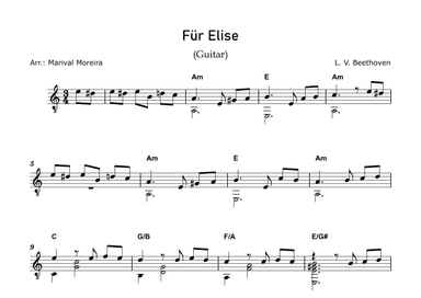 Fur Elise - Beethoven (Guitar Solo) Score and Chords (arr. Marival Moreira)