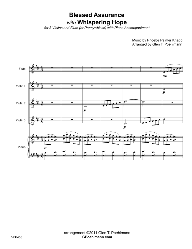 BLESSED ASSURANCE with WHISPERING HOPE - 3 Violins & Flute with Piano Accompaniment (arr. Glen Poehlmann)