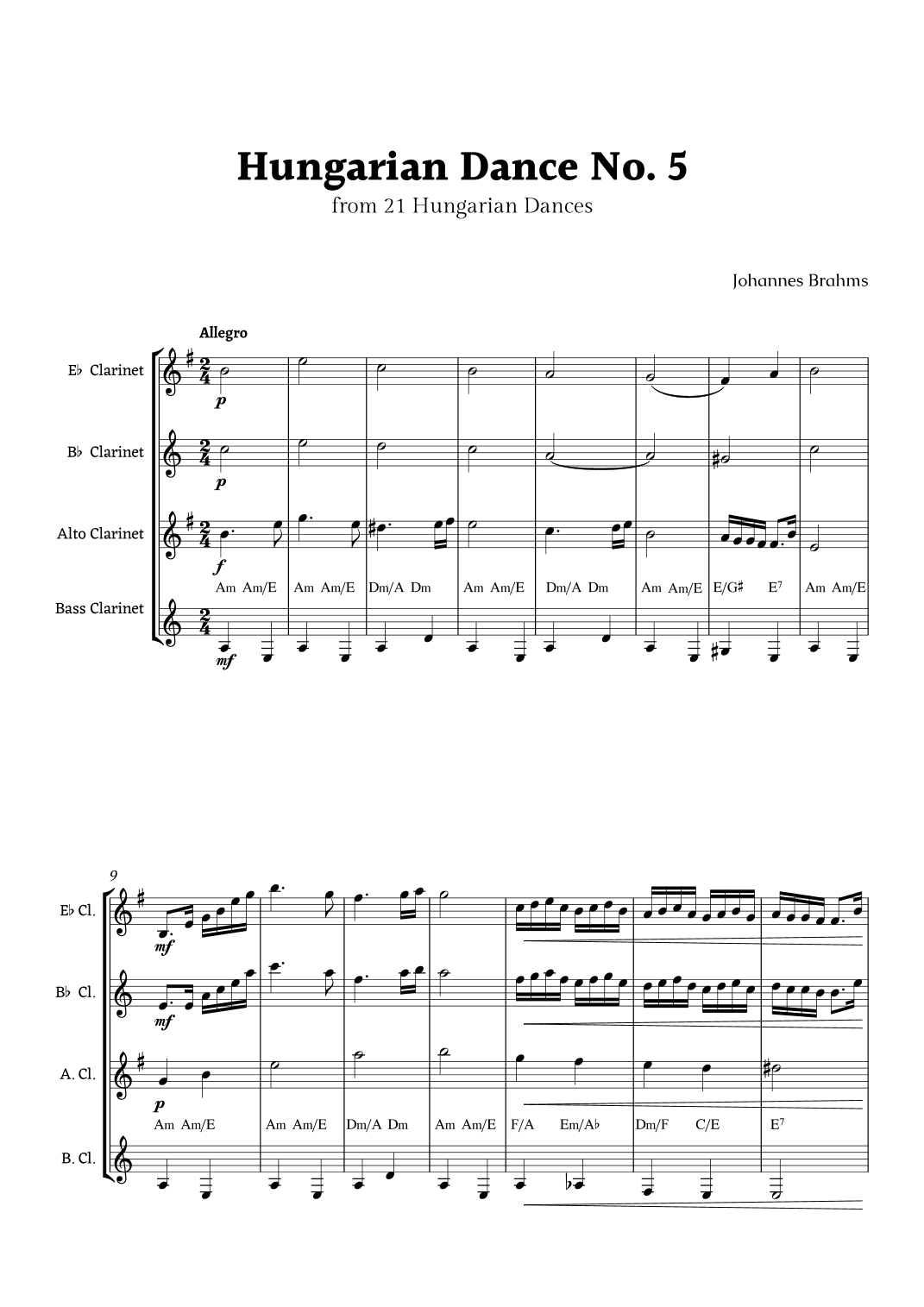 Hungarian Dance No. 5 by Brahms for Clarinet Ensemble  Quartet (arr. Rika K.)