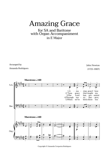 Amazing Grace in E Major - SA and Baritone with Organ Accompaniment (arr. Amanda Cerqueira Rodrigues)