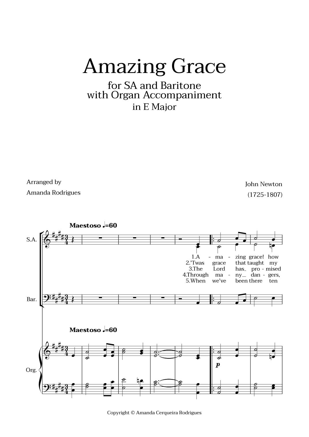 Amazing Grace in E Major - SA and Baritone with Organ Accompaniment (arr. Amanda Cerqueira Rodrigues)