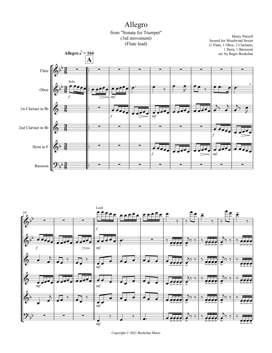 Allegro (from "Sonata for Trumpet") (Bb) (Woodwind Sextet - 1 Flute, 1 Oboe, 2 Clar, 1 Hrn, 1 Bassoo (arr. Regis Bookshar)