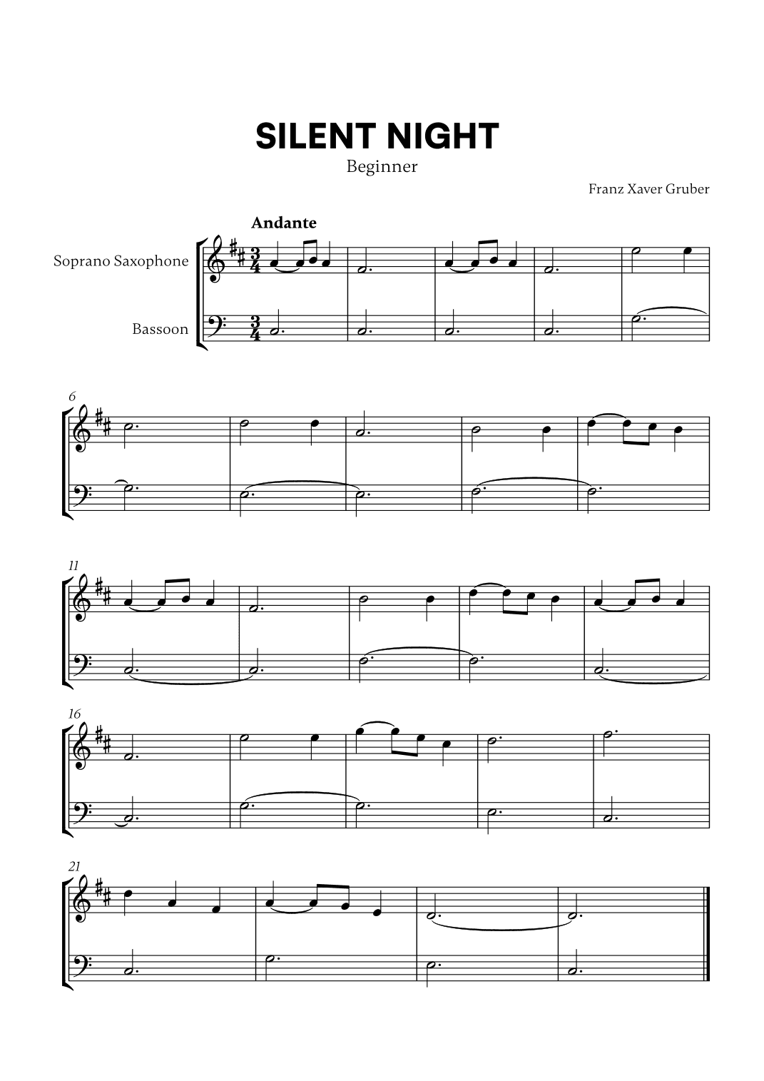 Silent Night (Beginner) (for Soprano Saxophone and Bassoon) (arr. Cadenza Editions)