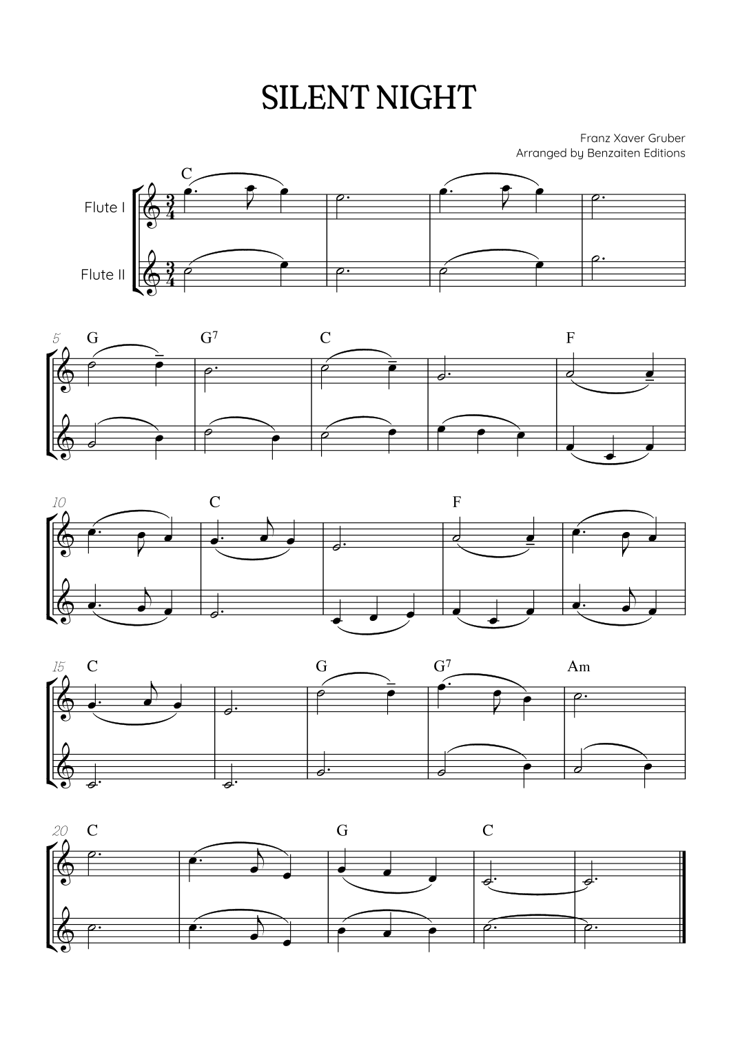 Silent Night for flute duet • easy Christmas song sheet music (w/ chords) (arr. Benzaiten Editions)