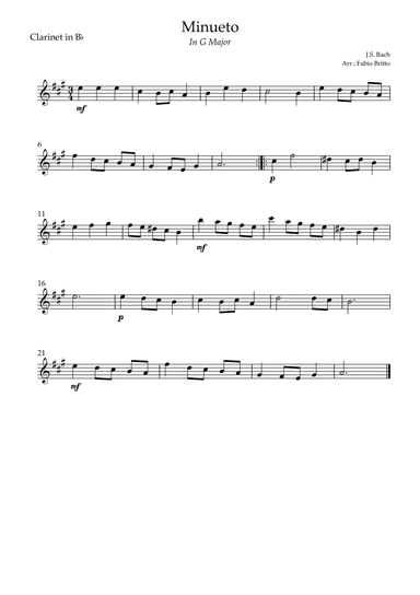 Minueto in G Major ( J.S. Bach) for Clarinet in Bb Solo (arr. Fabio Britto)