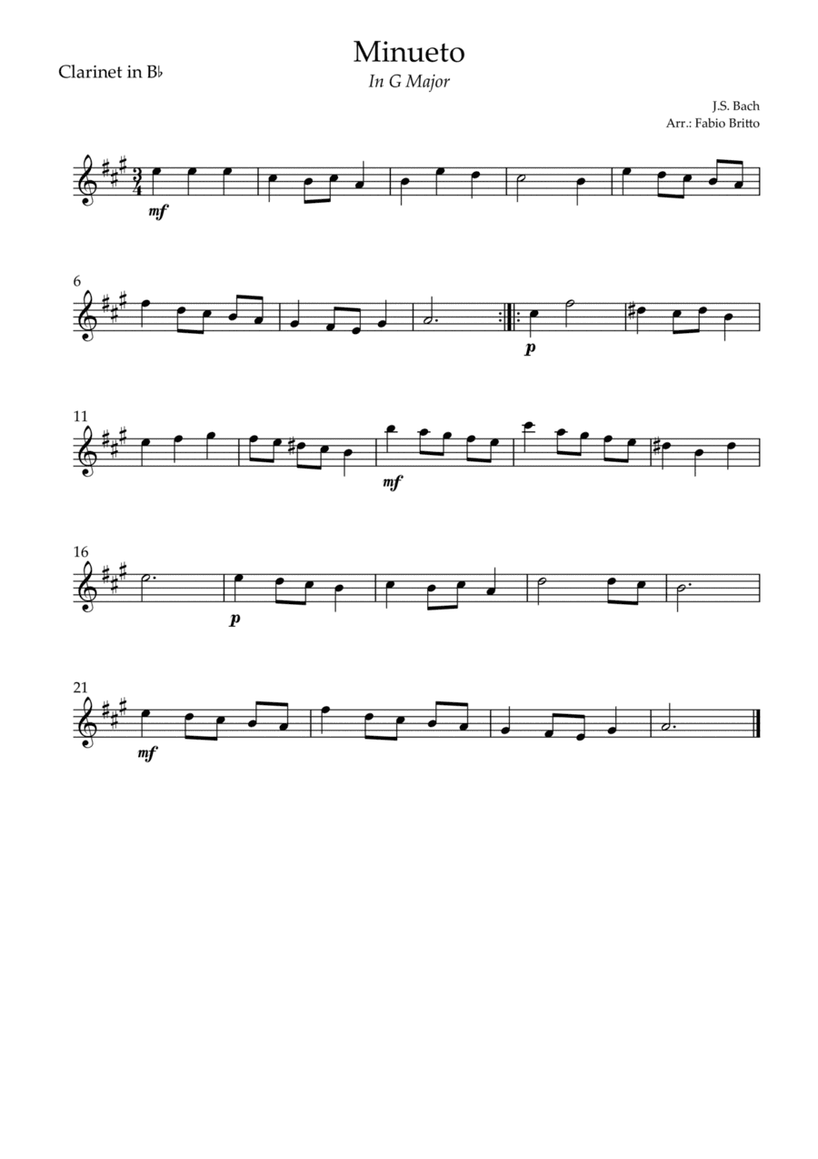 Minueto in G Major ( J.S. Bach) for Clarinet in Bb Solo (arr. Fabio Britto)
