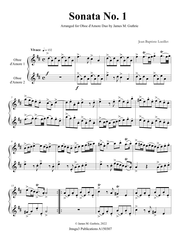 Loeillet: Six Sonatas Op. 5 No. 2 Complete for Oboe d’Amore Duo (arr. James M. Guthrie)