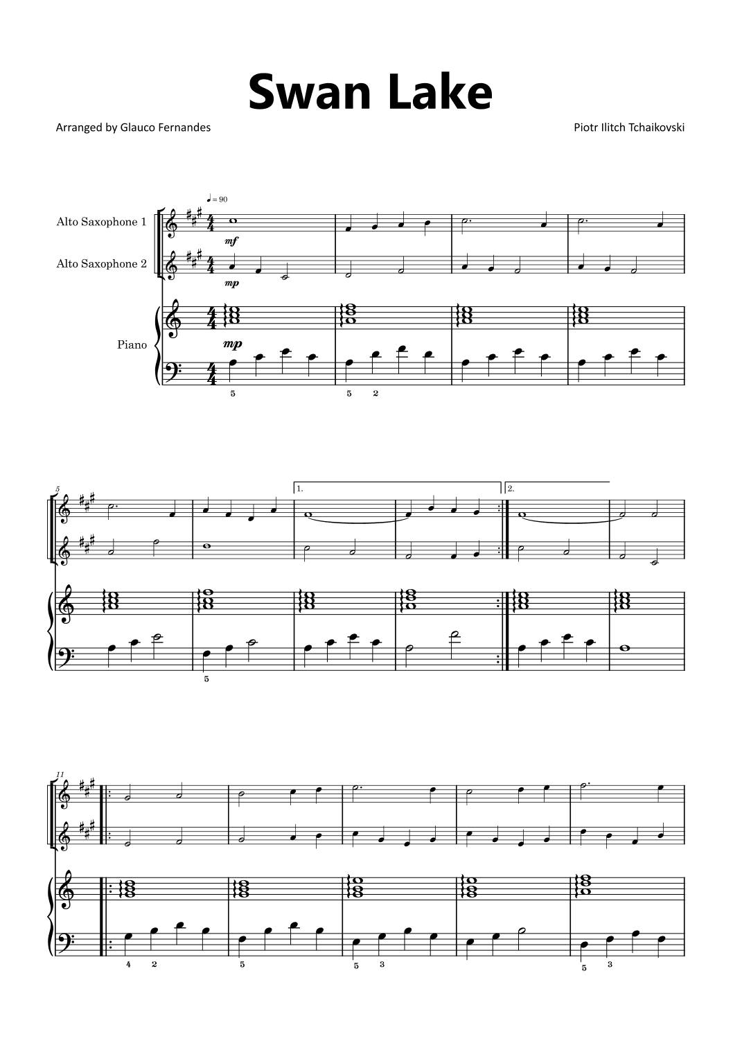Swan Lake - Alto Saxophone Duet with Piano (arr. Glauco Fernandes)