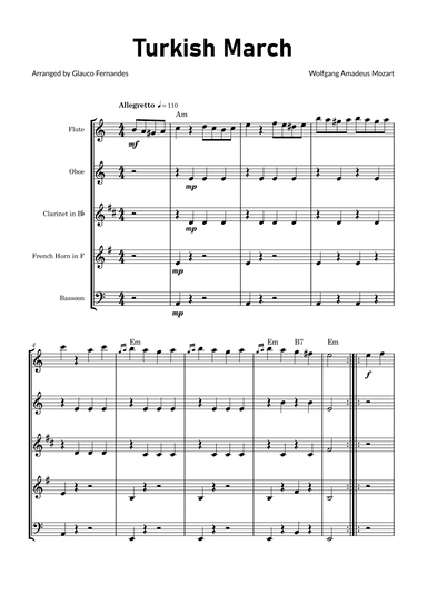 Turkish March by Mozart - Woodwind Quintet with Chord Notations (arr. Glauco Fernandes)