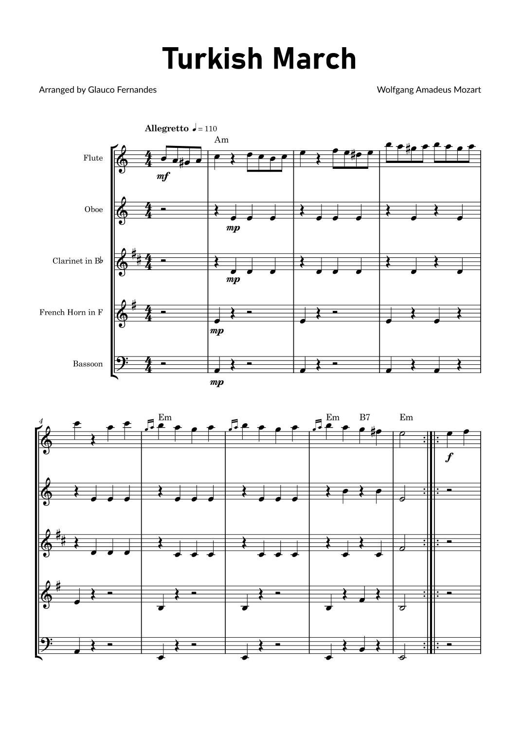 Turkish March by Mozart - Woodwind Quintet with Chord Notations (arr. Glauco Fernandes)