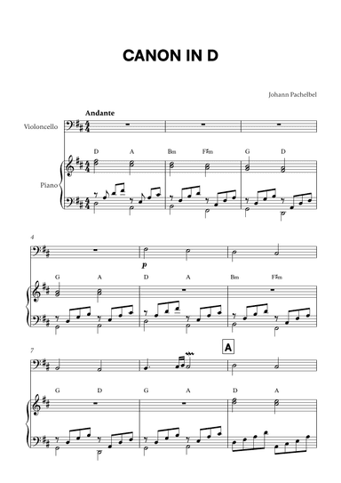 Canon in D (for Cello and Piano) (arr. Cadenza Editions)