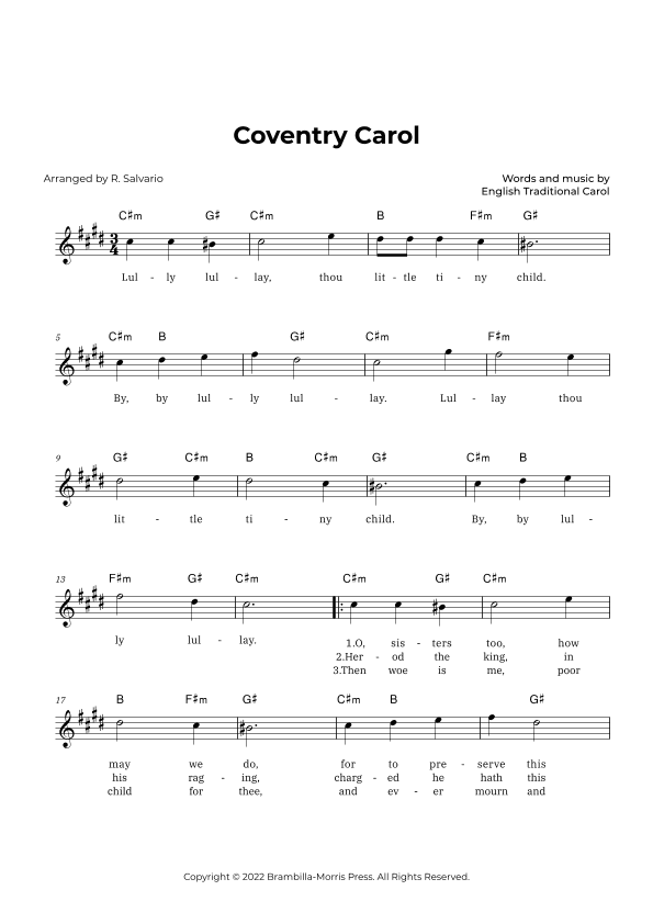 Coventry Carol (Key of C-Sharp Minor) (arr. R. Salvario)