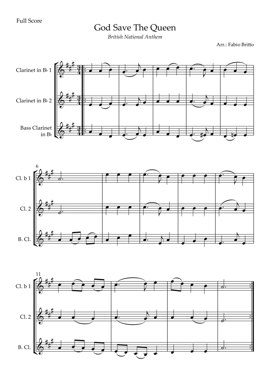 God Save The Queen (British National Anthem) for Clarinet Trio (arr. Fabio Britto)