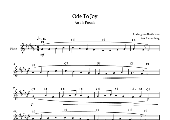 Beethoven - Ode To Joy for flute in F# with chords (Lyrics in English) (arr. Heisenberg)