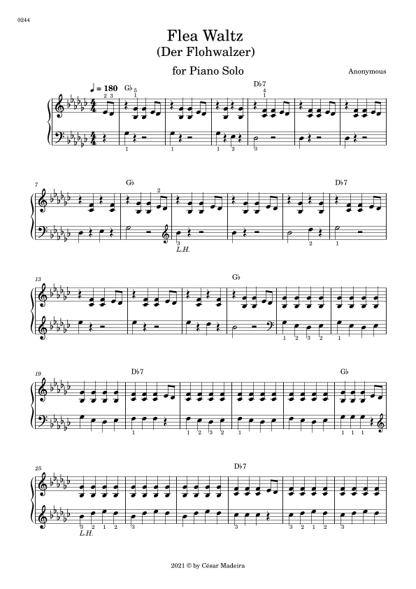 Flea Waltz (Der Flohwalzer) for Piano Solo - Original Version (W/Chords) (arr. César Madeira)