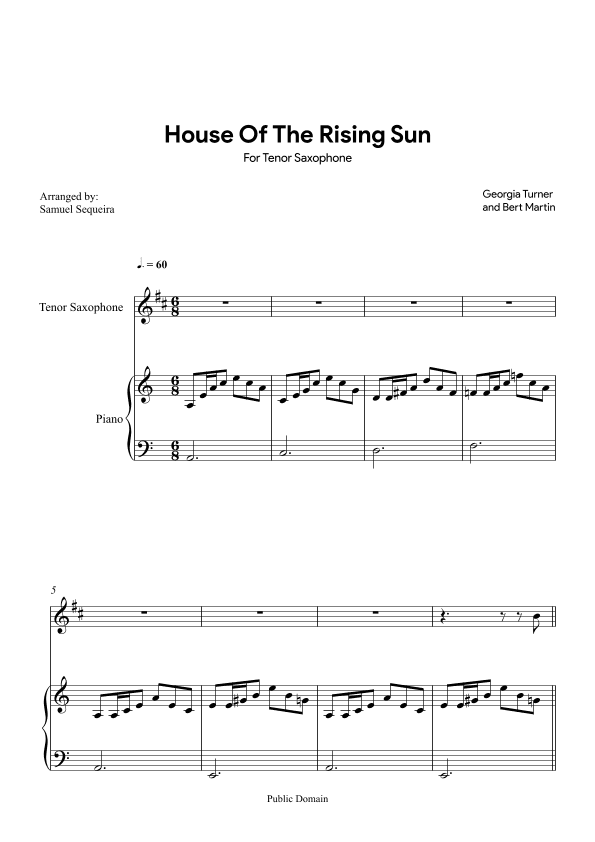 House of the Rising Sun - for Tenor Saxophone - with play along (arr. Samuel Sequeira)