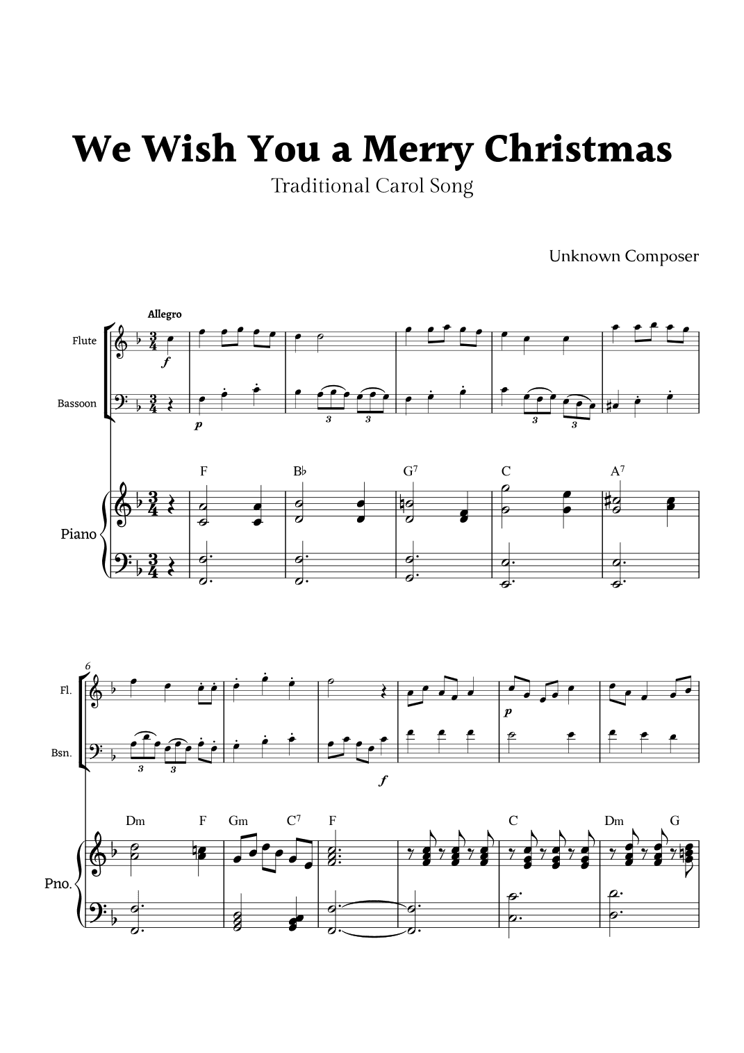 We Wish you a Merry Christmas for Flute and Bassoon Duet with Piano (arr. Rika K.)