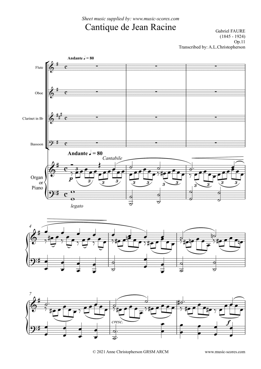 Cantique de Jean Racine - Flute, Oboe, Clarinet, Bassoon and Piano (arr. Anne L Christopherson GRSM ARCM)