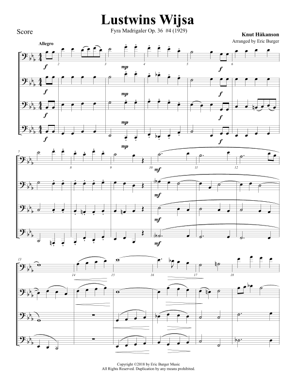 Lustwins Wijsa for Trombone or Low Brass Quartet (arr. Eric Burger Music)