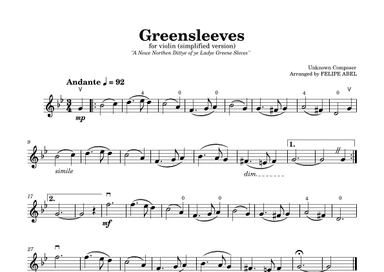 Greensleeves for Violin (Simplified Version) (arr. Felipe Abel)