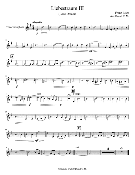 Liebestraum for tenor saxophone and piano (easy) (arr. Daniel C. M.)