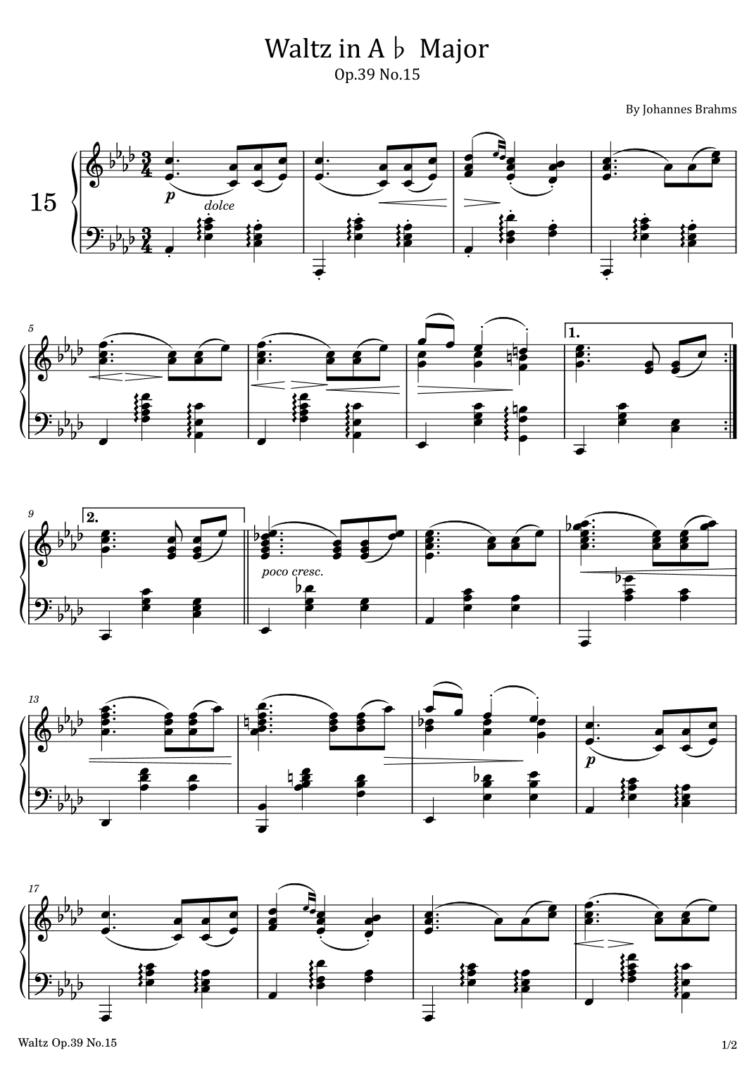Brahms - Waltz in A? Major - Op.39 No.15 - Original For Piano Solo (arr. poon)