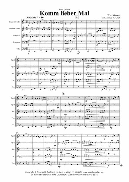Komm lieber Mai - German Folk Song - Brass Quintet (arr. Thomas H. Graf)
