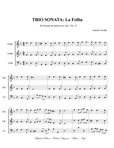 Vivaldi. LA FOLLIA, Trio Sonata in Re minore. With Parts (arr. Renato Tagliabue)