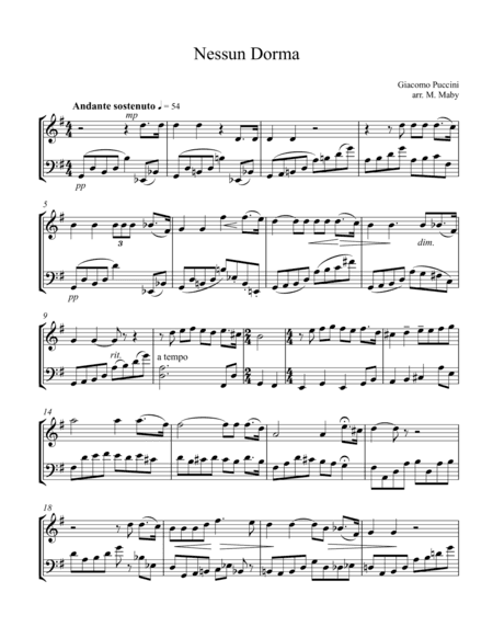 Nessun Dorma for violin & cello duet (arr. Marion Maby)