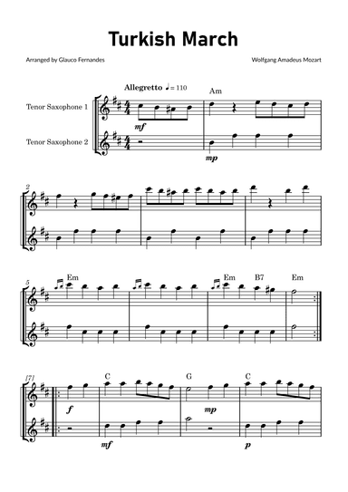 Turkish March by Mozart - Tenor Saxophone Duet with Chord Notations (arr. Glauco Fernandes)