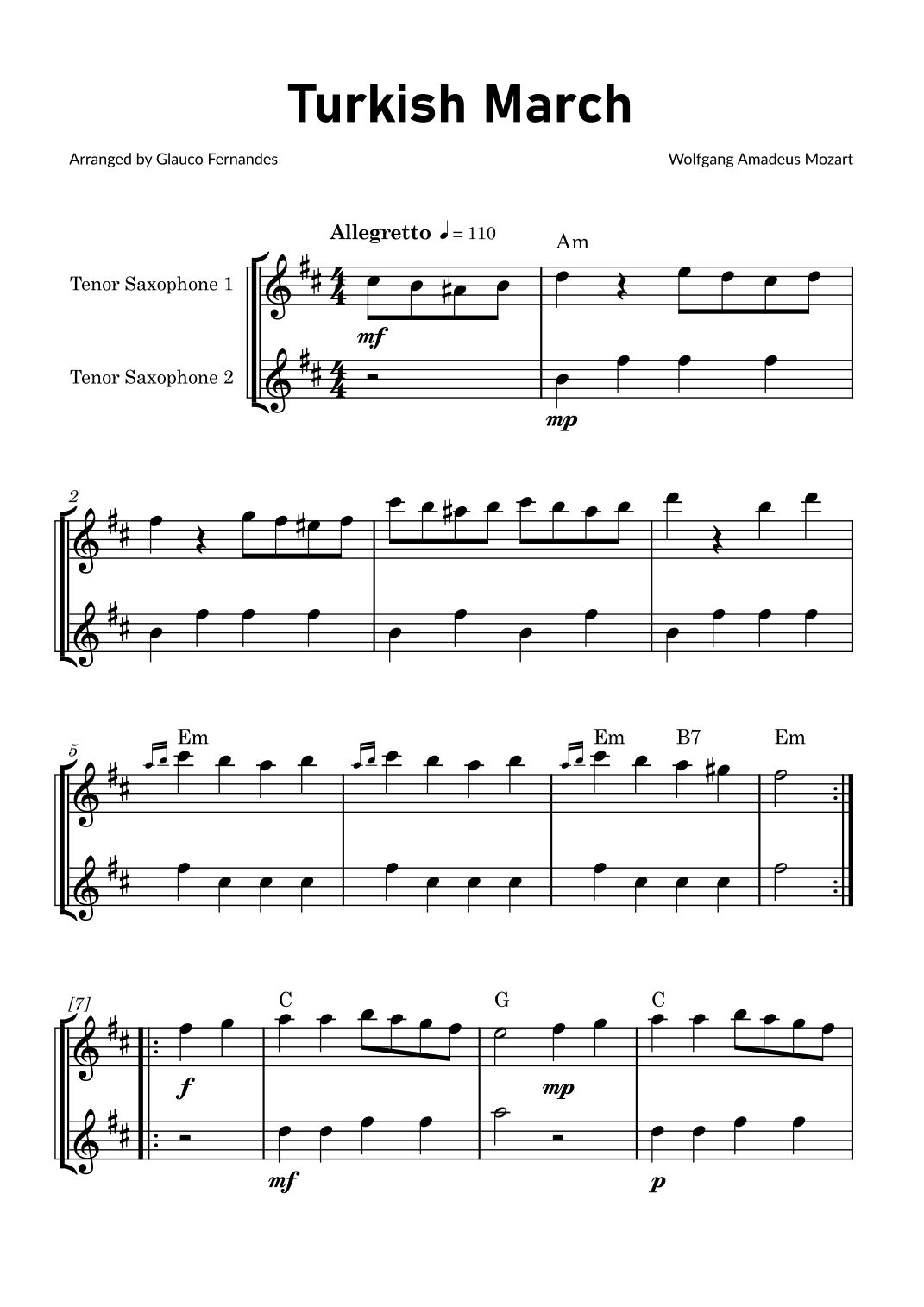 Turkish March by Mozart - Tenor Saxophone Duet with Chord Notations (arr. Glauco Fernandes)