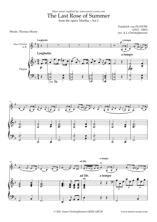 The Last Rose of Summer - von Flotow - Bass Clarinet and Piano (arr. Anne L Christopherson GRSM ARCM)
