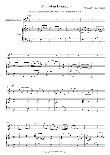 Minuet in D-minor (soprano sax & piano) (arr. David Kocijan)