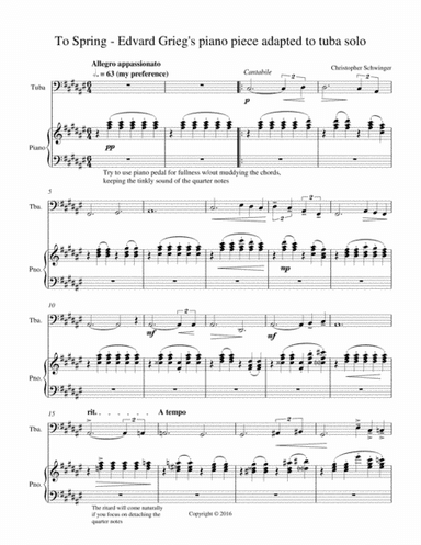 To Spring tuba solo with piano (Grieg piano piece adapted to tuba + piano) (arr. Christopher Schwinger)