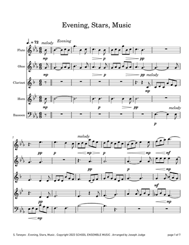 Evening Stars Music by Taneyev for Woodwind Quintet in Schools (arr. Joseph Judge)