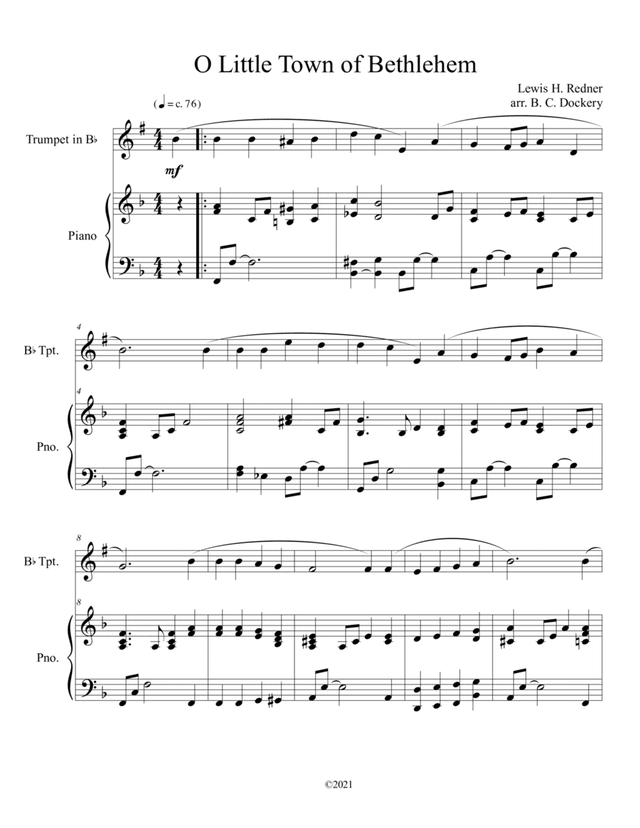 O Little Town of Bethlehem (Trumpet Solo) with piano accompaniment (arr. B. C. Dockery)