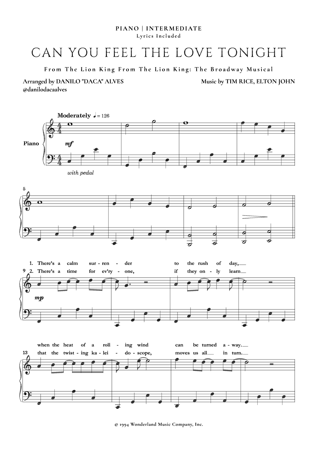 Can You Feel The Love Tonight (arr. Danilo "Daca" Alves)