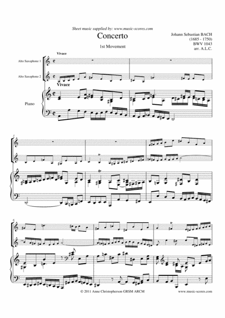 BWV 1043: Double Concerto 1st Movement - 2 Alto Saxophones and Piano (arr. Anne L Christopherson GRSM ARCM)
