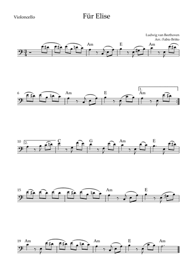 Für Elise (Beethoven) for Cello Solo with Chords (Simplified) (arr. Fabio Britto)