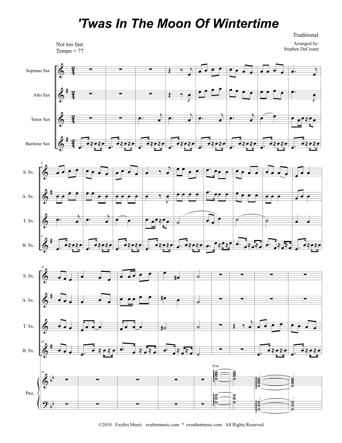 'Twas In The Moon Of Wintertime (Saxophone Quartet and Piano) (arr. Stephen DeCesare)