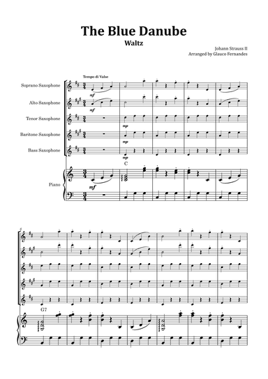 The Blue Danube - Saxophone Quintet with Piano and Chord Notations (arr. Glauco Fernandes)