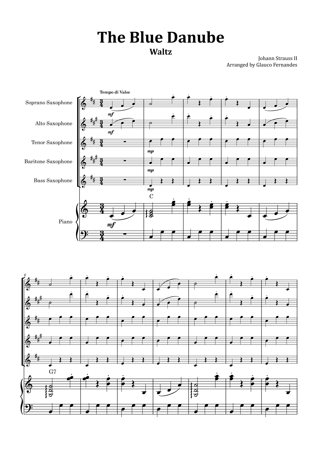 The Blue Danube - Saxophone Quintet with Piano and Chord Notations (arr. Glauco Fernandes)