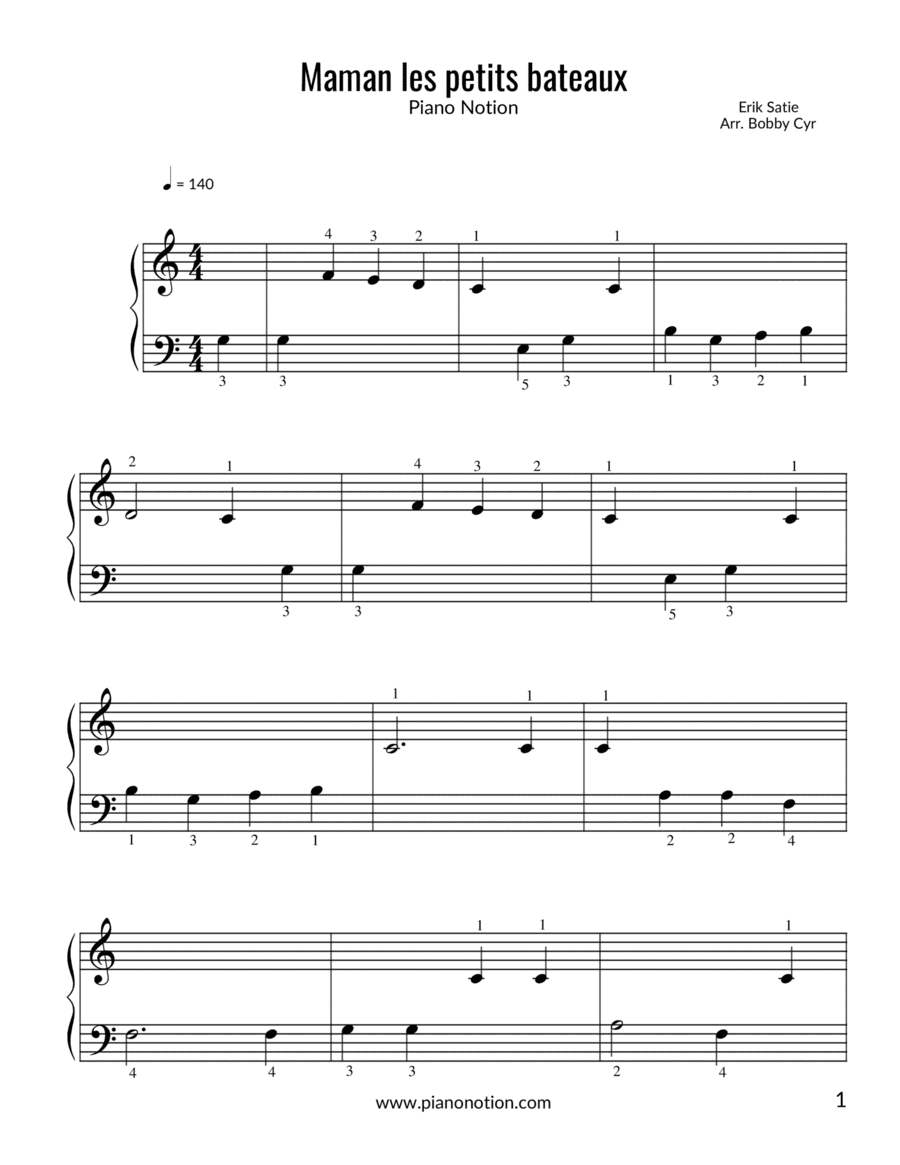 Maman les petits bateaux - Comptines (piano facile) (arr. Bobby Cyr - Piano Notion)