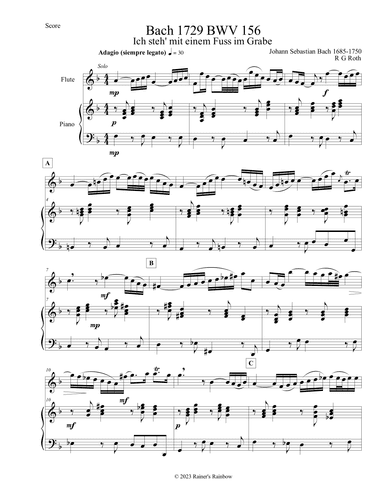 Bach 1729 BWV 156 Adagio Flute and Piano Score Parts (arr. R G Roth)